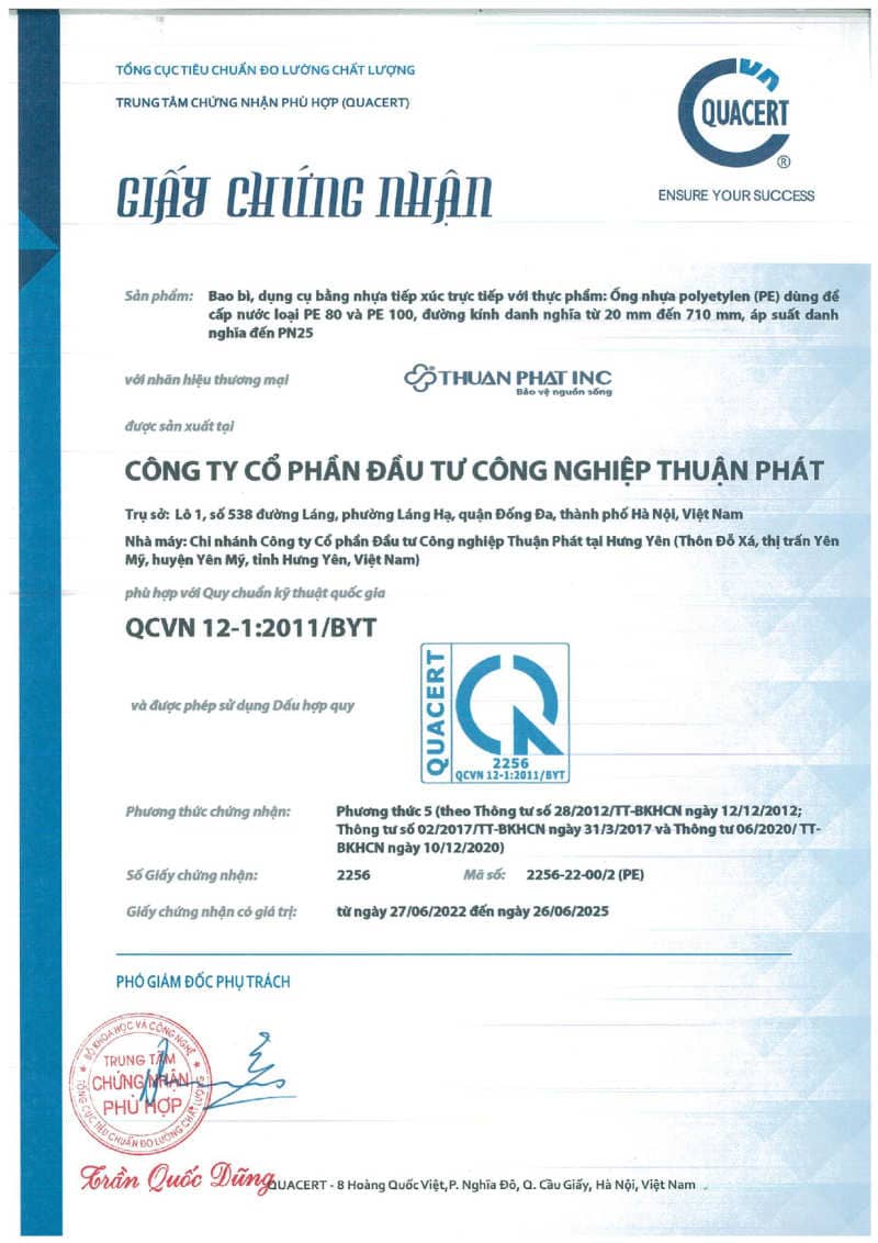 Tiêu chuẩn QCVN 12:1:2011/BYT cho ống nhựa Thuận Phát