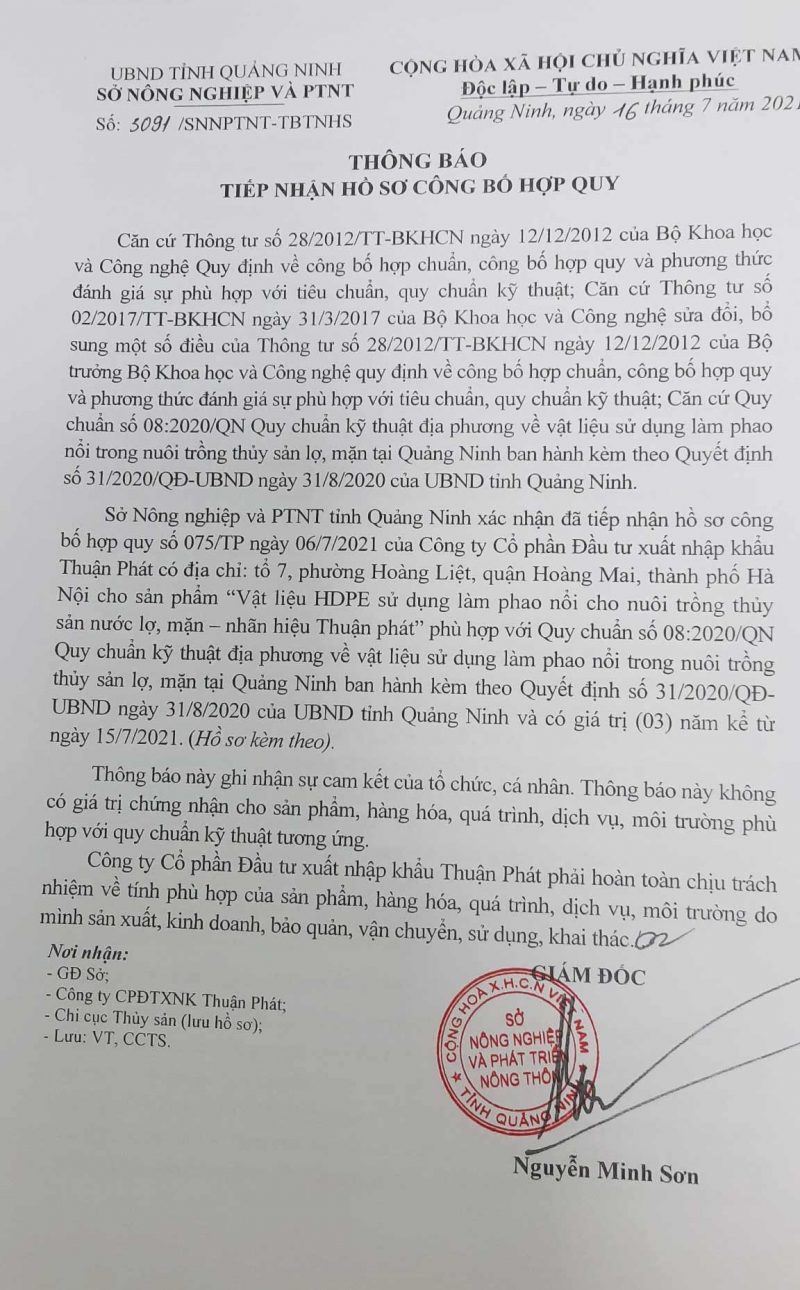 Thông báo tiếp nhận hồ sơ công bố hợp quy của sở NN & PTNN tỉnh Quảng Ninh cho sản phẩm ống HDPE nhãn hiệu Thuận Phát Thông báo tiếp nhận hồ sơ công bố hợp quy của sở NN & PTNN tỉnh Quảng Ninh cho sản phẩm ống HDPE nhãn hiệu Thuận Phát